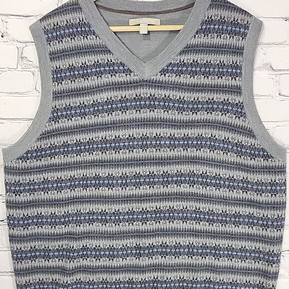 Nordstrom Sweater Vest Mens XL 100% Merino Wool Gray Striped Academia Prep - Picture 2 of 8